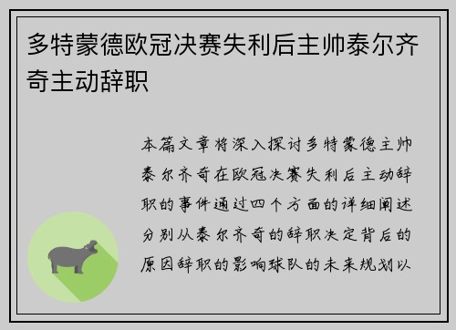 多特蒙德欧冠决赛失利后主帅泰尔齐奇主动辞职