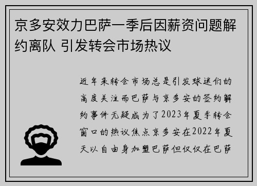 京多安效力巴萨一季后因薪资问题解约离队 引发转会市场热议