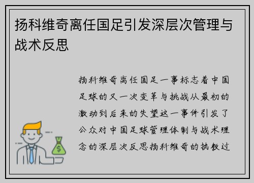 扬科维奇离任国足引发深层次管理与战术反思