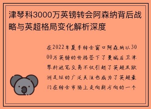 津琴科3000万英镑转会阿森纳背后战略与英超格局变化解析深度